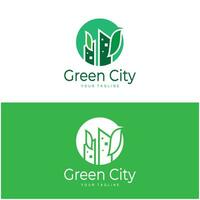 verde e saudável moderno cidade com folha logotipo Projeto para negócios, propriedade, prédio, eco cidade, futuro cidade, arquiteto, ambientalmente amigáveis vetor