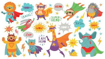 Super heroi animais. fofa herói animais com capas e brincalhão máscaras, bravo engraçado animal quadrinho discurso bolhas, desenho animado vetor personagens