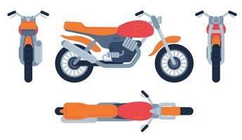 motocicleta dentro diferente posições. moto principal, frente costas e lado visualizar, detalhado motocross veículos transporte brincar vetor conjunto