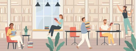 pessoas dentro biblioteca. homens e mulheres ler livro, alunos estude com livros e aparelhos dentro público biblioteca interior vetor conceito