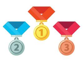 ouro, prata, bronze medalhas com fita. recompensa para vencedora ou campeão dentro concorrência. obtendo prêmio vetor