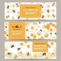 querida bandeiras. o negócio promover folheto com vários apicultura produtos, favo de mel e querida dentro jarros, cera de abelha, abelhas e flores, vetor conjunto