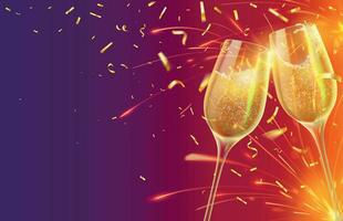 feliz Novo ano com champanhe óculos. festivo natal bandeira com dois taças de vinho com espumante vinho e brilhando ouro confete vetor conceito