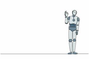 robô de desenho contínuo de uma linha gesticulando sinal de ok com os dedos. gesto de sinal bem. organismo cibernético robô humanóide. futuro desenvolvimento robótico. ilustração gráfica de vetor de desenho de linha única