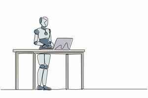 único robô inteligente de desenho de linha contínua em pé e trabalhando atrás da mesa. inteligência artificial robótica moderna. indústria de tecnologia eletrônica. uma linha desenhar ilustração em vetor design gráfico
