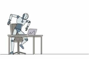 único desenho de uma linha robô frustrado gritando laptop de tela em sua mesa de trabalho. desenvolvimento tecnológico futuro. aprendizado de máquina de inteligência artificial. ilustração em vetor design de linha contínua