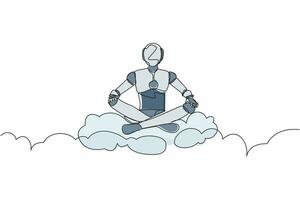 um único robô de desenho de linha relaxa a meditação na posição de lótus nas nuvens. desenvolvimento tecnológico futuro. aprendizado de máquina de inteligência artificial. ilustração em vetor design de desenho de linha contínua