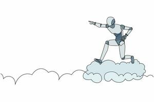 nuvem de passeio de robô de desenho de linha contínua, apontando para a frente, vá para o futuro. organismo cibernético robô humanóide. futuro conceito de desenvolvimento robótico. ilustração gráfica de vetor de design de linha única