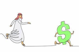 único desenho de uma linha empresário árabe perseguindo o símbolo do dólar. busca ao sucesso, riqueza, liberdade financeira, rico, investimento. metáfora de negócios. ilustração em vetor gráfico de design de linha contínua