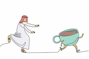 contínuo um desenho de linha empresário árabe correr perseguindo xícara de café. bebendo e tomando café da manhã. cappuccino latte para coffee break no escritório. ilustração em vetor de design gráfico de linha única
