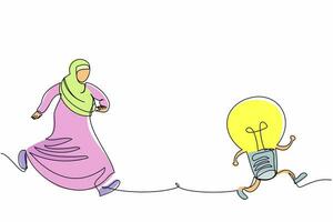 única empresária árabe de desenho de linha perseguindo lâmpada. trabalhador de escritório árabe procura solução de projeto. imaginação para novas ideias de negócios. ilustração em vetor gráfico de desenho de linha contínua