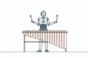 jogador de percussão de robô de desenho de linha contínua único toca marimba no festival de música folclórica. inteligência artificial robótica. indústria de tecnologia eletrônica. ilustração vetorial de design de desenho de uma linha vetor