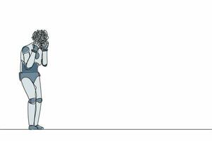 único robô de desenho de linha contínua com rabiscos redondos em vez de cabeça. mão de robô angustiada na cabeça, excesso de trabalho ou prazo, sofre de dor de cabeça. tecnologia futura. ilustração vetorial de design de uma linha vetor