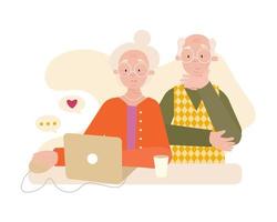 feliz vovó e vovô estão sentados perto do laptop sobre fundo claro. ilustração em vetor plana no estilo cartoon.
