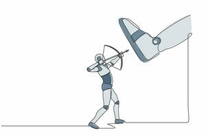 solteiro contínuo linha desenhando robô visando arco contra gigante sapatos pisando forte. robô tiro com arco contra gigante pé etapa. robótico artificial inteligência. 1 linha desenhar gráfico Projeto vetor ilustração