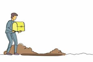 único um desenho de linha animado empresário segurar baú encontrar tesouro no chão. trabalhador de escritório feliz caminhando para cavar buraco com caixa de tesouro. ilustração em vetor gráfico de desenho de linha contínua
