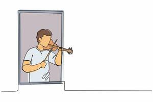única linha contínua desenhando músico masculino profissional em pé perto da janela e tocando violino no quarto aconchegante em casa. pessoas que ficam em casa em auto-quarentena. ilustração vetorial de design de uma linha vetor