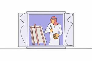 contínuo 1 linha desenhando árabe homem pintor desenhando interior perto janela. masculino segurando pintura escova e paleta, desenhando em tela. artista pintura às lar. solteiro linha desenhar Projeto vetor ilustração