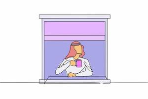 solteiro 1 linha desenhando árabe homem apreciar quente café ou chá dentro janela casa. masculino segurando caneca, olhando através janela enquanto sentado em peitoril da janela às lar. contínuo linha desenhar Projeto vetor ilustração