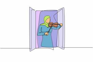 contínuo 1 linha desenhando árabe mulher músico em pé perto janela e jogando violino. fêmea ficando às casa dentro auto quarentena vencimento para pandemia. solteiro linha desenhar Projeto vetor gráfico ilustração