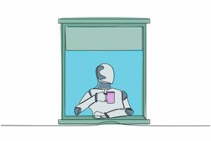solteiro contínuo linha desenhando robô apreciar quente café ou chá dentro janela casa, segurando caneca, olhando através janela. futuro tecnologia. artificial inteligência. 1 linha desenhar Projeto vetor ilustração