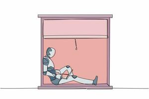 contínuo 1 linha desenhando robô trabalhador autonomo sentado em peitoril da janela, trabalhando usando computador portátil. controlo remoto trabalhos a partir de lar. humanóide robô organismo. futuro robótico. solteiro linha gráfico Projeto vetor ilustração