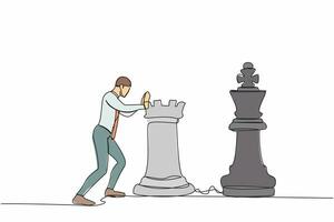 solteiro 1 linha desenhando competitivo homem de negocios empurrar enorme torre xadrez peça para batida rei. o negócio estratégia e marketing plano. estratégico mover. contínuo linha desenhar Projeto gráfico vetor ilustração