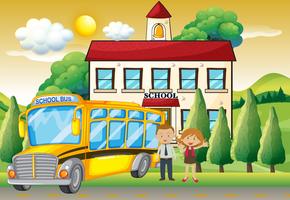 Professores e ônibus escolar na escola vetor