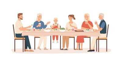 família jantar. avós, pais e crianças sentado às feriado mesa, feliz pessoas comendo delicioso comida, vetor conceito