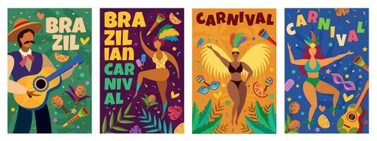 brasileiro carnaval. bandeira com mascarada latino elementos dança parada, dançarinos e músicos, confete, máscaras e penas vetor cartazes