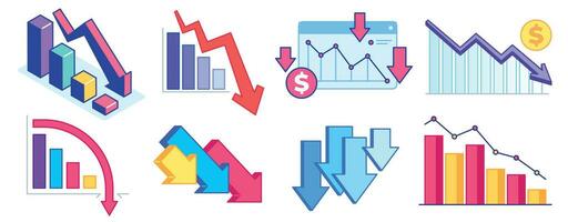outono baixa gráfico. finança crise, o negócio problema e economia derrubar. baixa seta gráfico, perda e diminuir renda. lucro declinante vetor conjunto