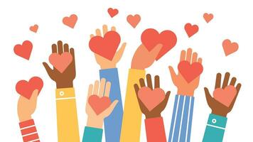 mãos doar corações caridade, voluntário e comunidade Socorro símbolo com mão dá coração. pessoas compartilhar amar. dia dos namorados dia vetor conceito