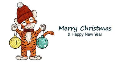 banner de ano novo com a imagem do tigre com decorações de Natal. símbolo do ano de acordo com o calendário chinês. feliz Natal e Feliz Ano Novo. ilustração vetorial estilo cartoon vetor