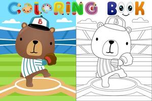 vetor desenho animado ilustração, fofa Urso dentro beisebol Combine dentro beisebol estádio, coloração livro ou página