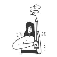 mão desenhado rabisco mulher segurando grande lápis desenho animado ilustração vetor