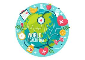 mundo saúde dia vetor ilustração em abril 7º com terra e médico equipamento para a importância do saudável e estilo de vida dentro desenho animado fundo