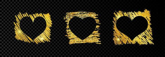 conjunto do três corações em dourado cintilante rabisco pintura em Sombrio fundo. fundo com ouro brilhos e brilhar efeito. esvaziar espaço para seu texto. vetor ilustração
