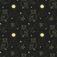 desatado padrão, lua, corujas, estrelas e constelações em uma fundo do a noite céu. espaço fundo, têxtil, vetor