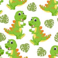 desatado padrão, fofa engraçado dinossauros e tropical folhas em uma branco fundo. crianças imprimir, têxtil, papel de parede, vetor