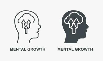 mental crescimento silhueta e linha ícone definir. potencial carreira sucesso pictograma. humano cabeça com seta acima, psicologia terapia, intelectual processo símbolo coleção. isolado vetor ilustração.