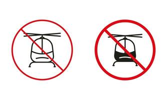 não permitido helicóptero estrada placa. ar transporte proibido círculo símbolo definir. voar proibir tráfego vermelho placa. não aviação, helicóptero, fuselagem linha e silhueta ícones. isolado vetor ilustração.