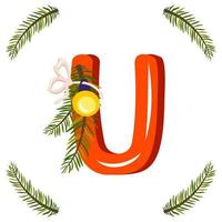 letra vermelha u com galho de árvore de Natal verde, bola com arco. fonte festiva para feliz ano novo e alfabeto brilhante vetor