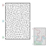 labirinto retangular grande abstrato. jogo para crianças. quebra-cabeça para crianças. três entradas, uma saída. enigma do labirinto. ilustração em vetor plana isolada no fundo branco. com resposta.