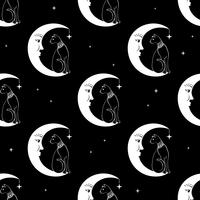 Gato sentado na lua. Céu noturno sem costura de fundo. Magia fofa, design oculto. Vetor