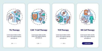 2d ícones representando célula terapia tipos do Imunoterapia Móvel aplicativo tela definir. passo a passo 4 passos multicolorido gráfico instruções com fino linha ícones conceito, interface do usuário, ux, gui modelo. vetor