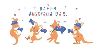 grupo do Austrália dia com adorável bebê cangurus desenho animado animal com balões e bandeira. vetor