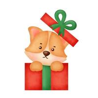 aquarela bonito dos desenhos animados corgi cão com caixa de presente de Natal para cartão de Natal. vetor
