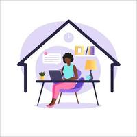 mulher afro-americana sentada mesa com laptop. trabalhando em um computador. freelance, educação online ou conceito de mídia social. freelance ou estudando o conceito. estilo simples. ilustração vetorial. vetor
