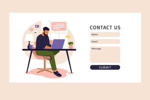 contacte-nos modelo de formulário para web. conceito de escritório em casa, homem trabalhando em casa. estudante ou freelancer. freelance ou estudando o conceito. ilustração vetorial. estilo simples. vetor