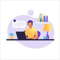 homem sentado à mesa com o laptop. trabalhando em um computador. freelance, educação online ou conceito de mídia social. freelance ou estudando o conceito. estilo simples. ilustração do vetor isolada no branco.